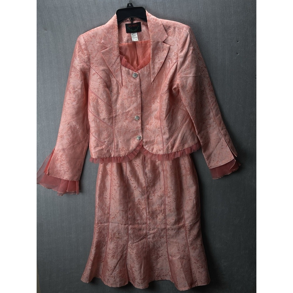 ASHRO Womens Coral Pink Jacquard 2 Piece Skirt Suit Rhinestone Church Formal 10
